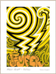 Artistic design with black and white spiral, yellow zigzag line, and orange text on a white background