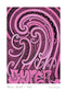 Pink Maori graffiti-style design with swirling patterns and text on a white background