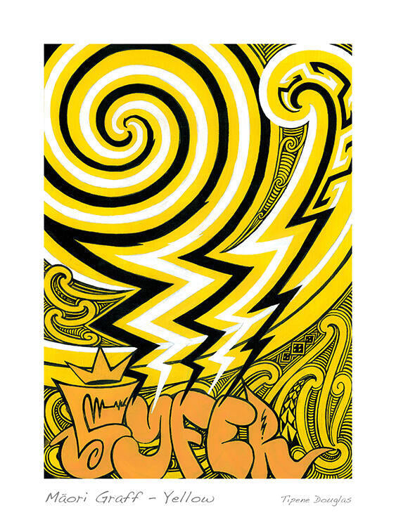 Yellow and black abstract design with text on a white background