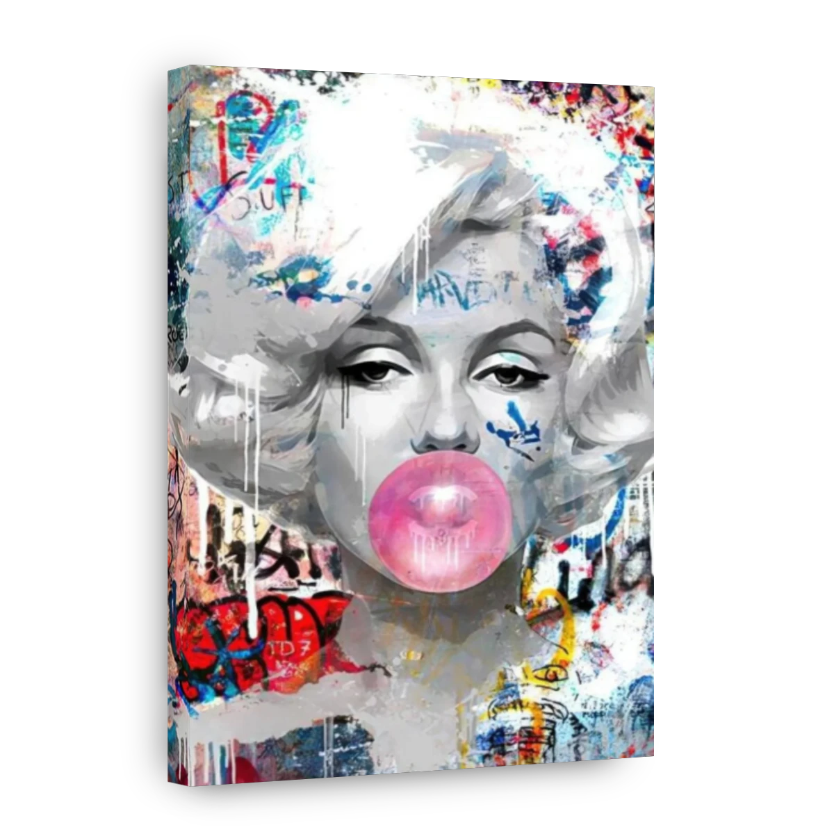 Marilyn Monroe art piece in graffiti pop are style. Marilyn blowing bubble gum with graffiti all over the image