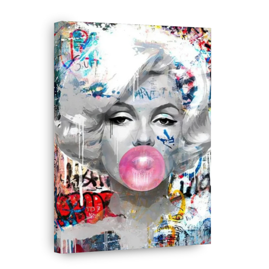 Marilyn Monroe art piece in graffiti pop are style. Marilyn blowing bubble gum with graffiti all over the image