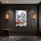 art work featuring marilyn monroe blowing bubble gum in graffiti style art, hanging on a black wall with gold outlined panels and long art deco style lights either side, black and white marbled floor