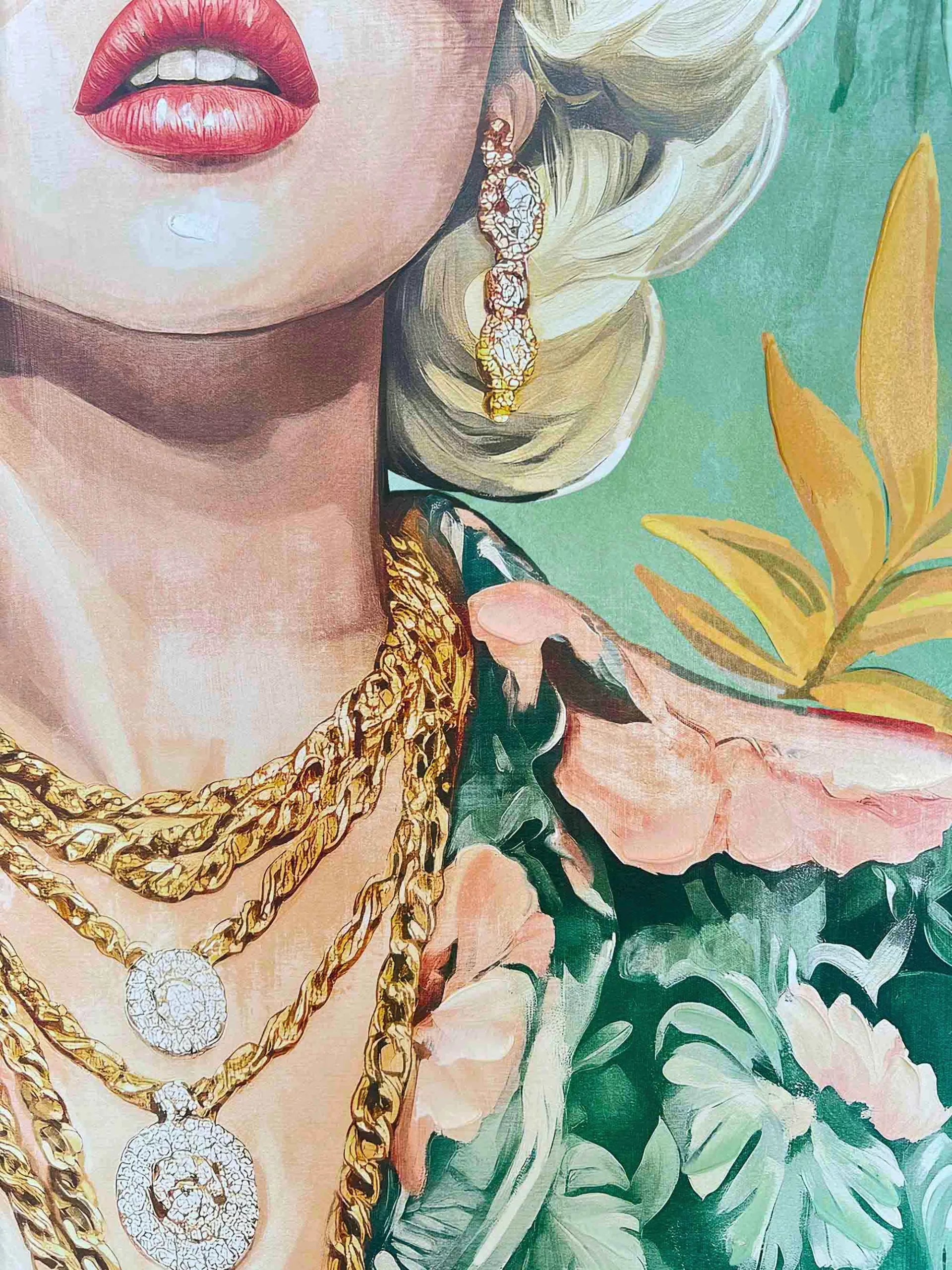 Close-up of a Marilyn Monroes neck with gold jewelry against a floral background