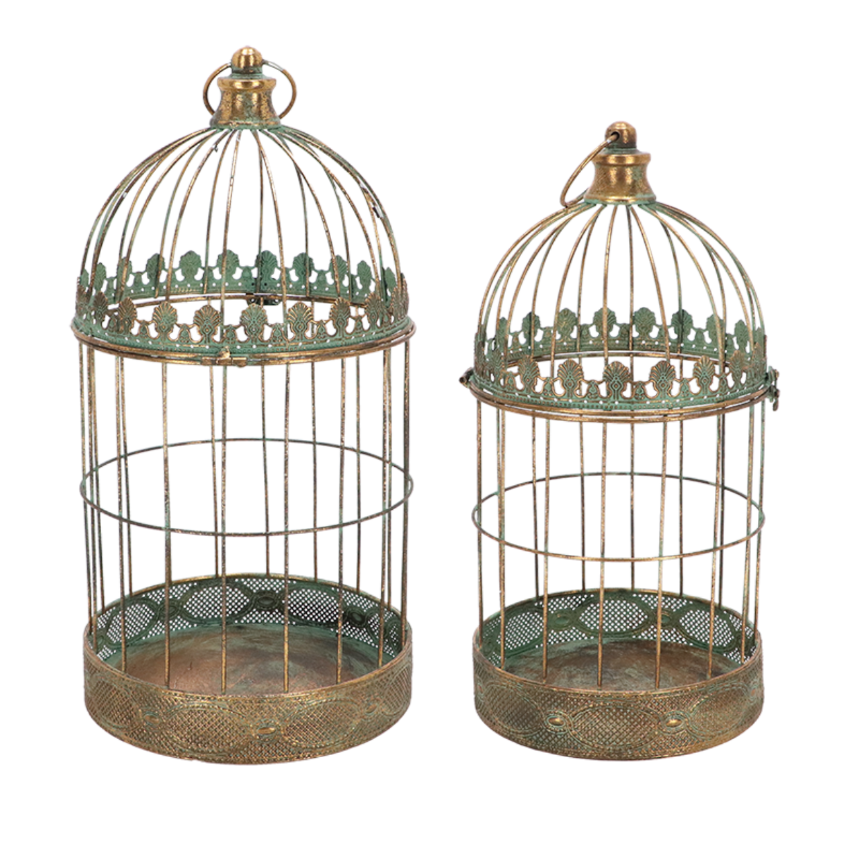Two decorative bird cages with intricate designs on a white background