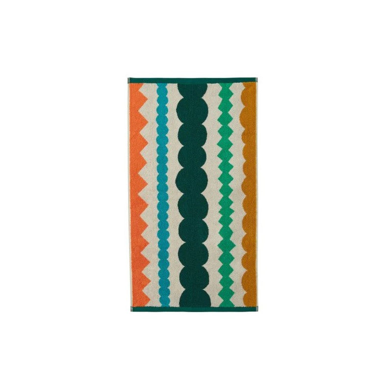 Colorful patterned rug with geometric design on a white background