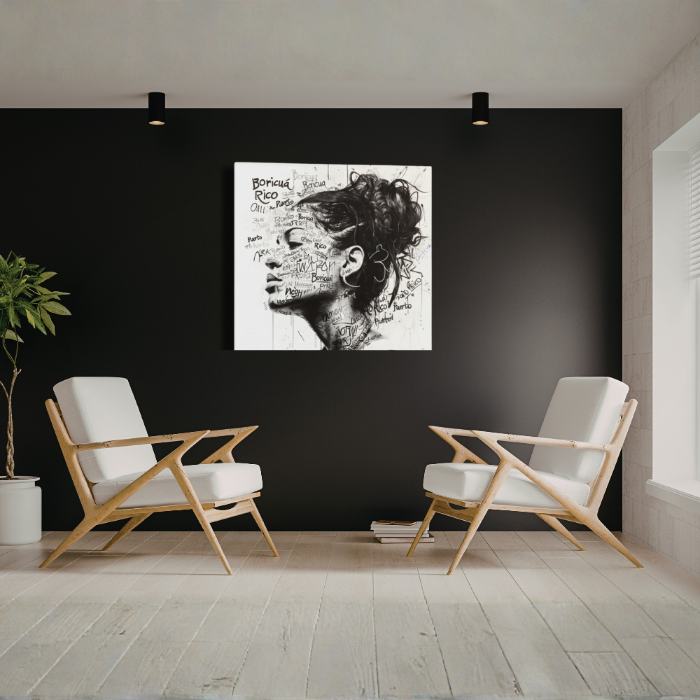 A black and white square wall art print featuring a stylized portrait with the text 'Borromeo Reno' is displayed on a dark wall in a modern living room setting with two white chairs and light wood flooring.