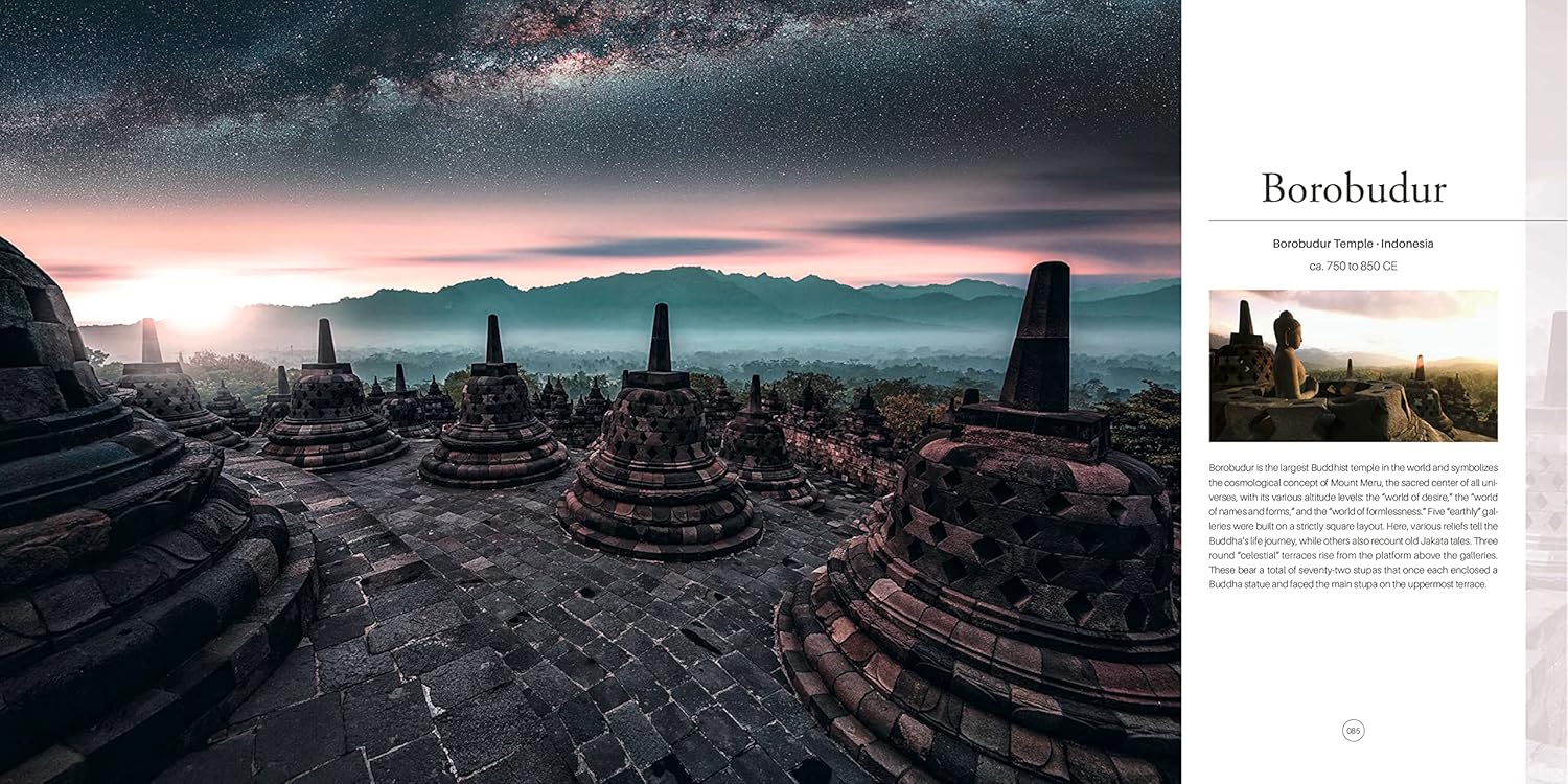 Stunning view of Borobudur temple complex with sunset or sunrise, surrounded by mountains.