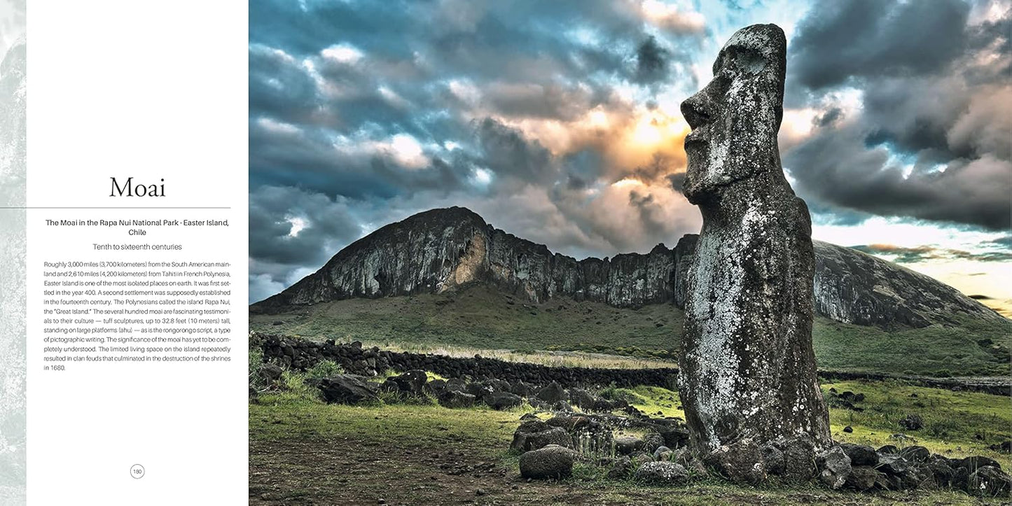 Stone statue on Easter Island with a mountain and cloudy sky in the background