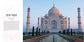 Taj Mahal with a pool in front and text on the left side