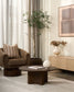 Modern living room with brown armchair, coffee table, and decorative elements.