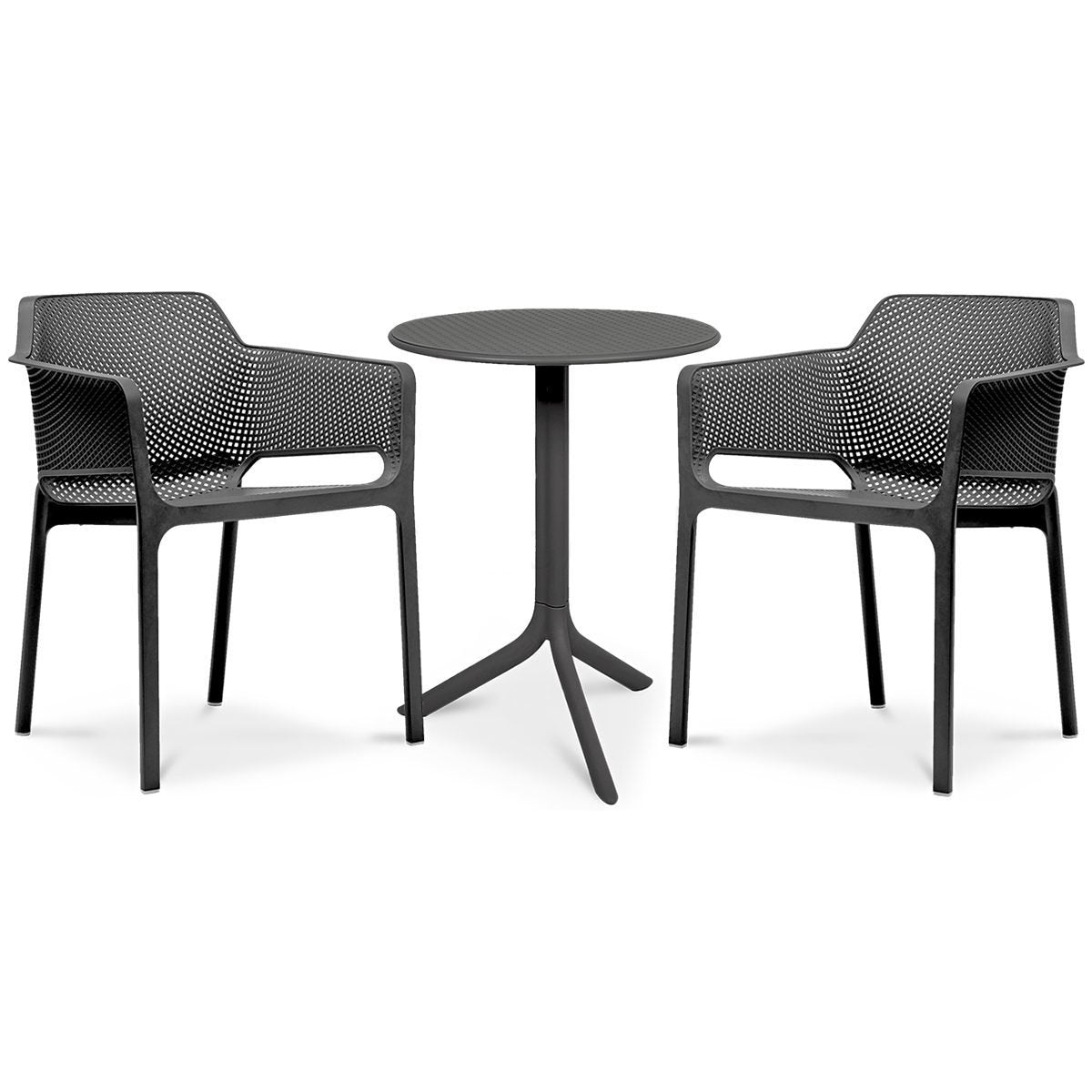 Two black chairs and a round table on a white background