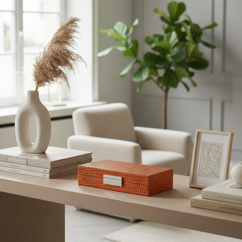 Modern living room with a beige armchair, wooden coffee table, and decorative items.