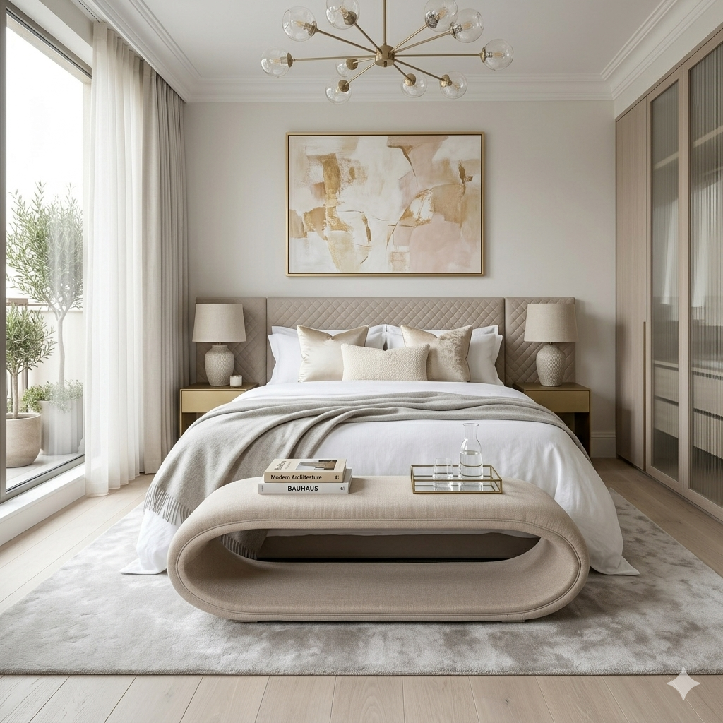Luxurious modern bedroom with calm colours of beige, cream and white featuring a large bed with cream table lamps, white bed linen with a grey throw and an open oval cream bench seat at the foot of the bed. Trees are visible on the balcony through the window.