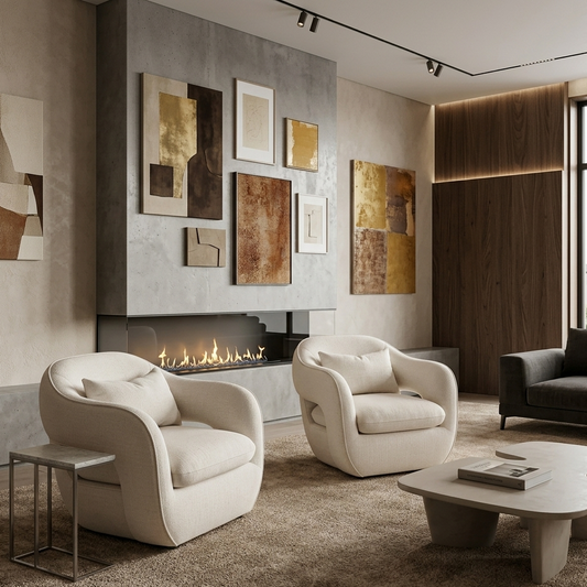 2 orbit lounge chairs in cream in modern lounge with modern long lit fire place, beige carpets with wooden wall accents and artwork in golds, rust and brown.A dark grey sofa and coffee table finish off the scene
