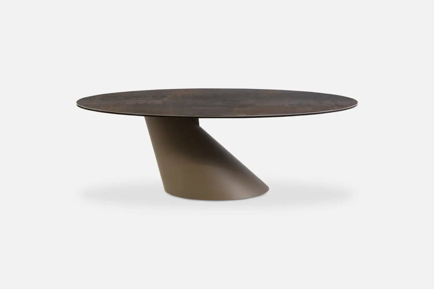 Modern round coffee table with a unique base design on a white background