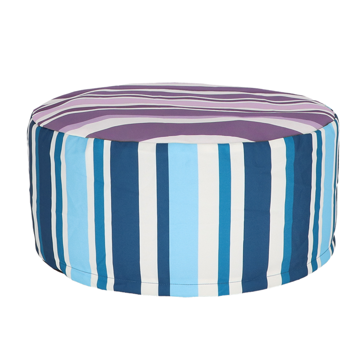 Striped ottoman with purple, blue, and white pattern on a white background