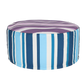 Striped ottoman with purple, blue, and white pattern on a white background