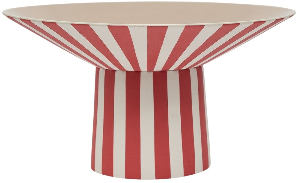 Red and white striped table with a beige top on a white background