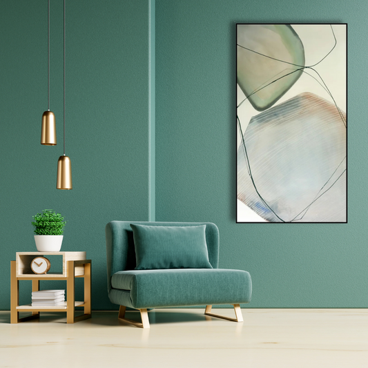 Modern living room with teal armchair, abstract art, and pendant lights.