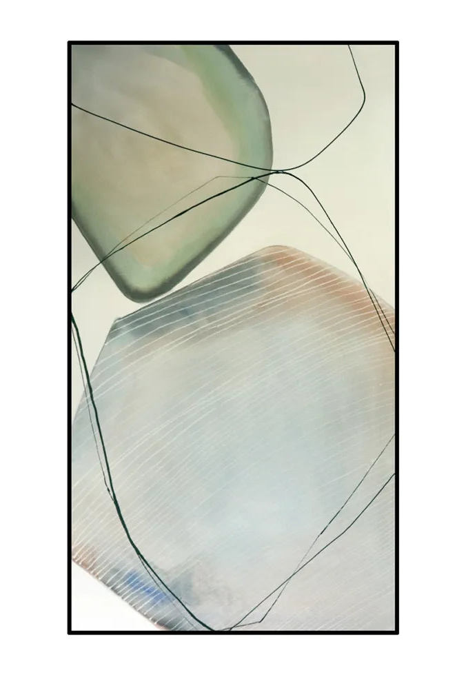 Abstract art piece with geometric shapes in green and beige on a white background