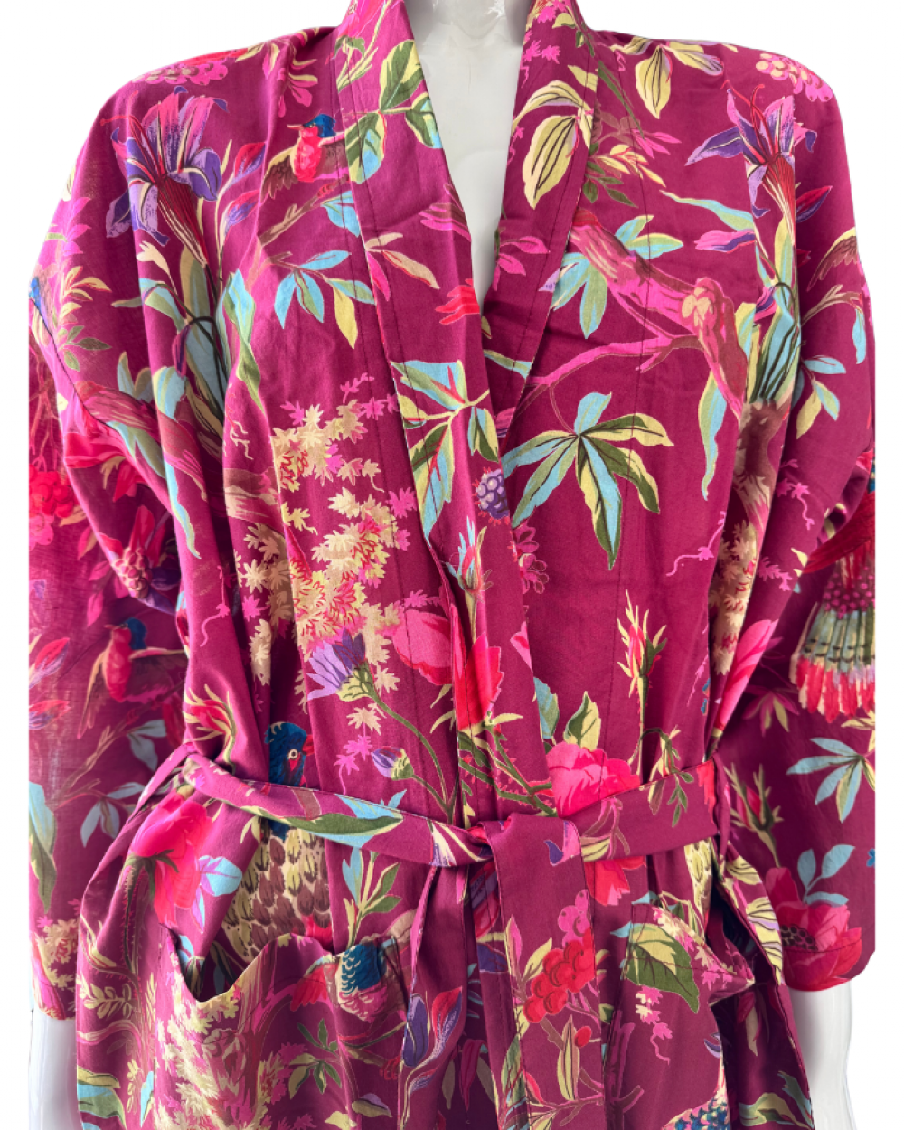 Floral patterned robe on a mannequin against a white background