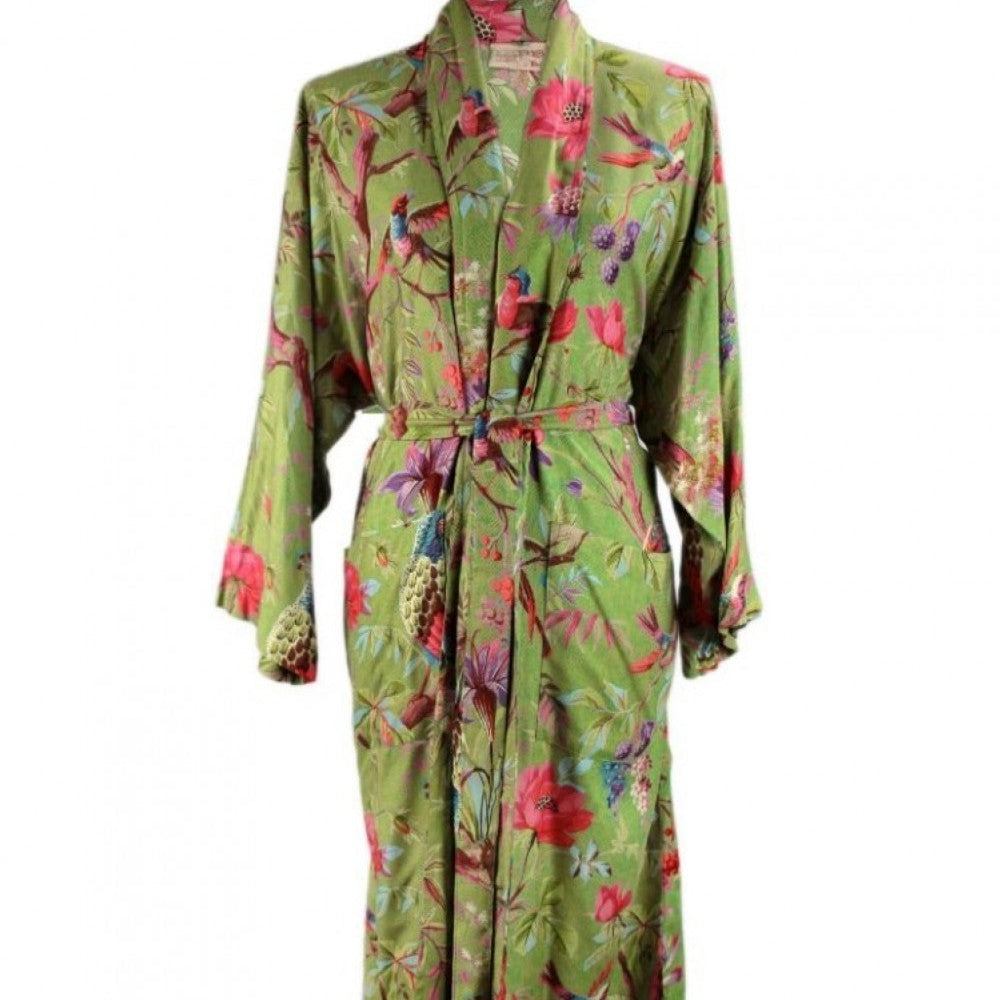 Moss Green Kimono Robe with bird of paradise pattern