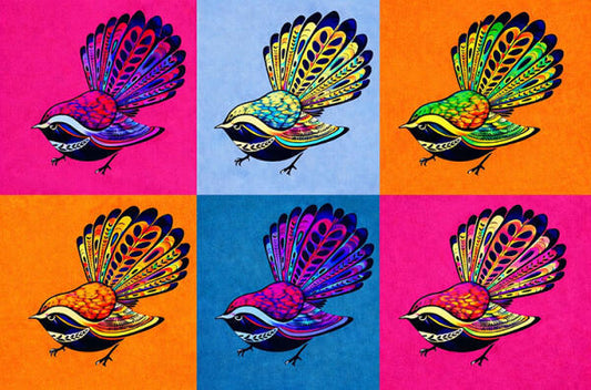 Six colorful birds on a grid of pink, blue, and orange backgrounds