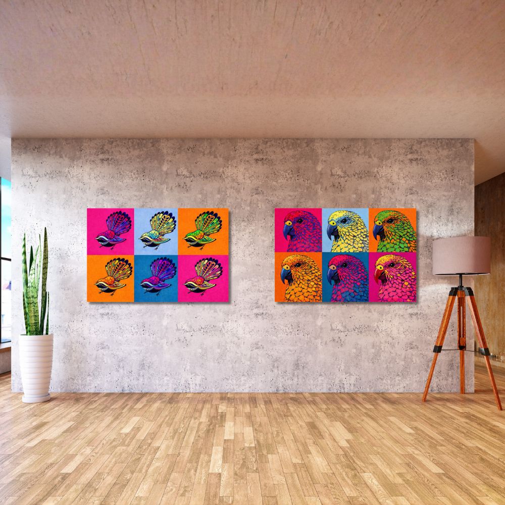 Colorful abstract art pieces on a wall in a modern room with wooden floor and lamp.