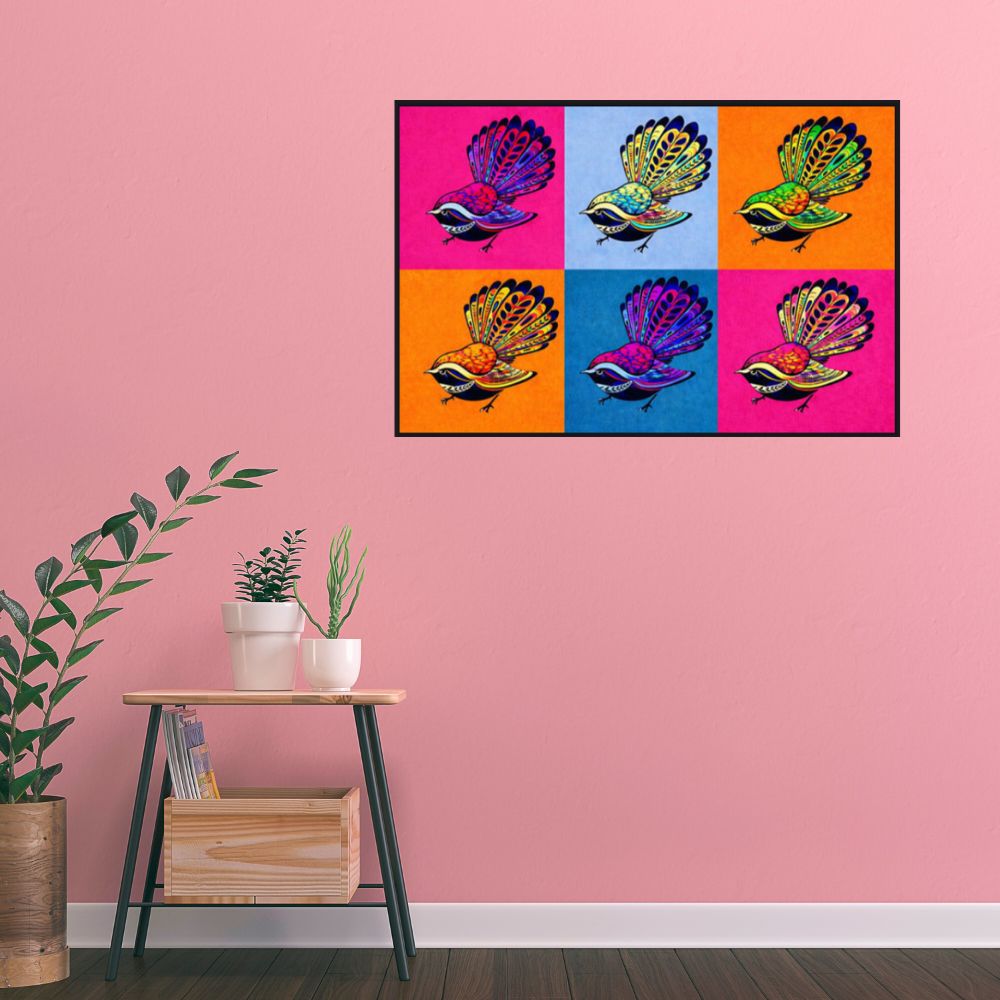 Colorful wall art of fantail designs on a pink wall with a wooden side table and plants.