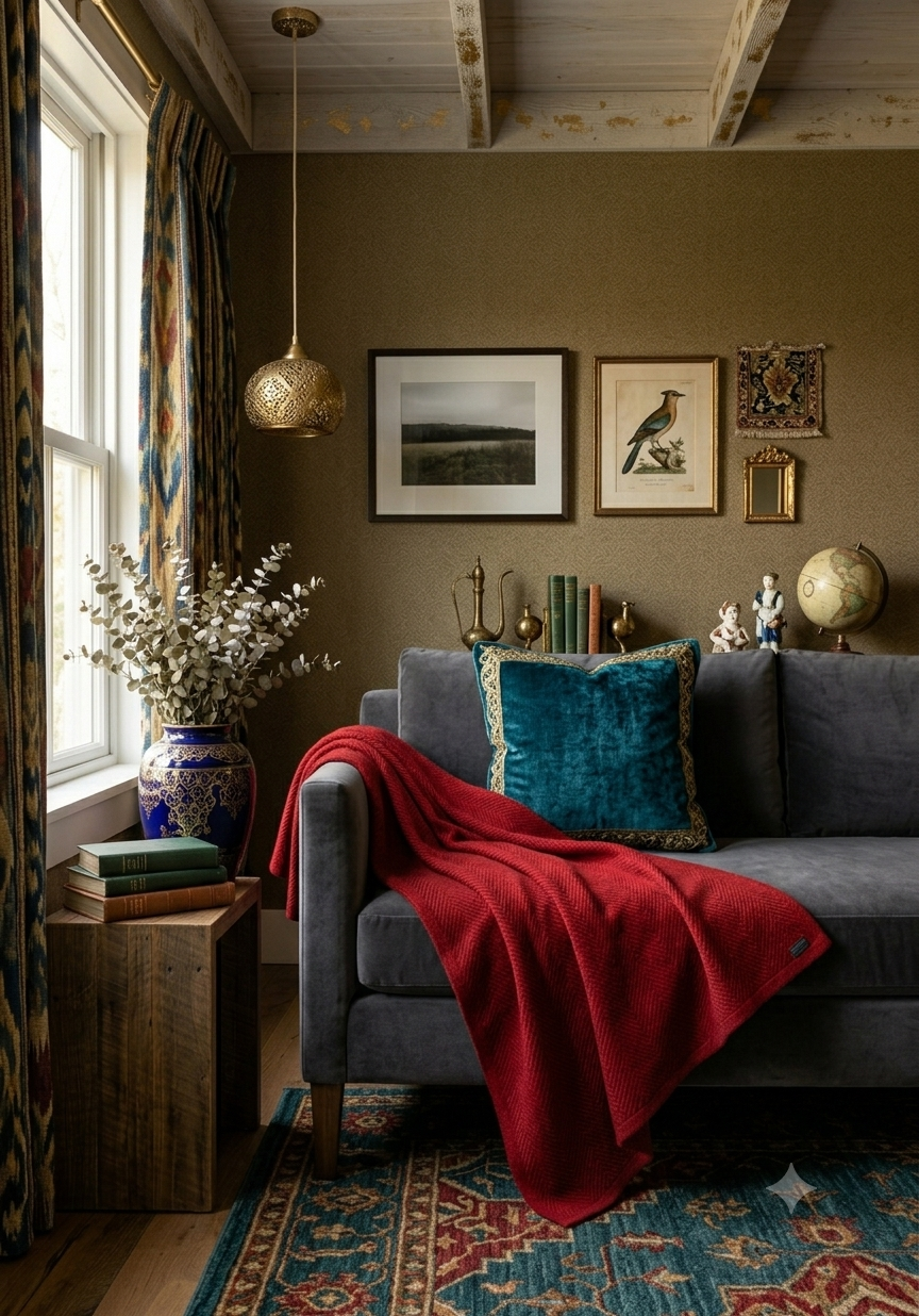 A cozy living room corner featuring a gray sofa with a bright red throw blanket draped over it, a teal velvet pillow, patterned curtains, framed wall art, and a patterned rug.