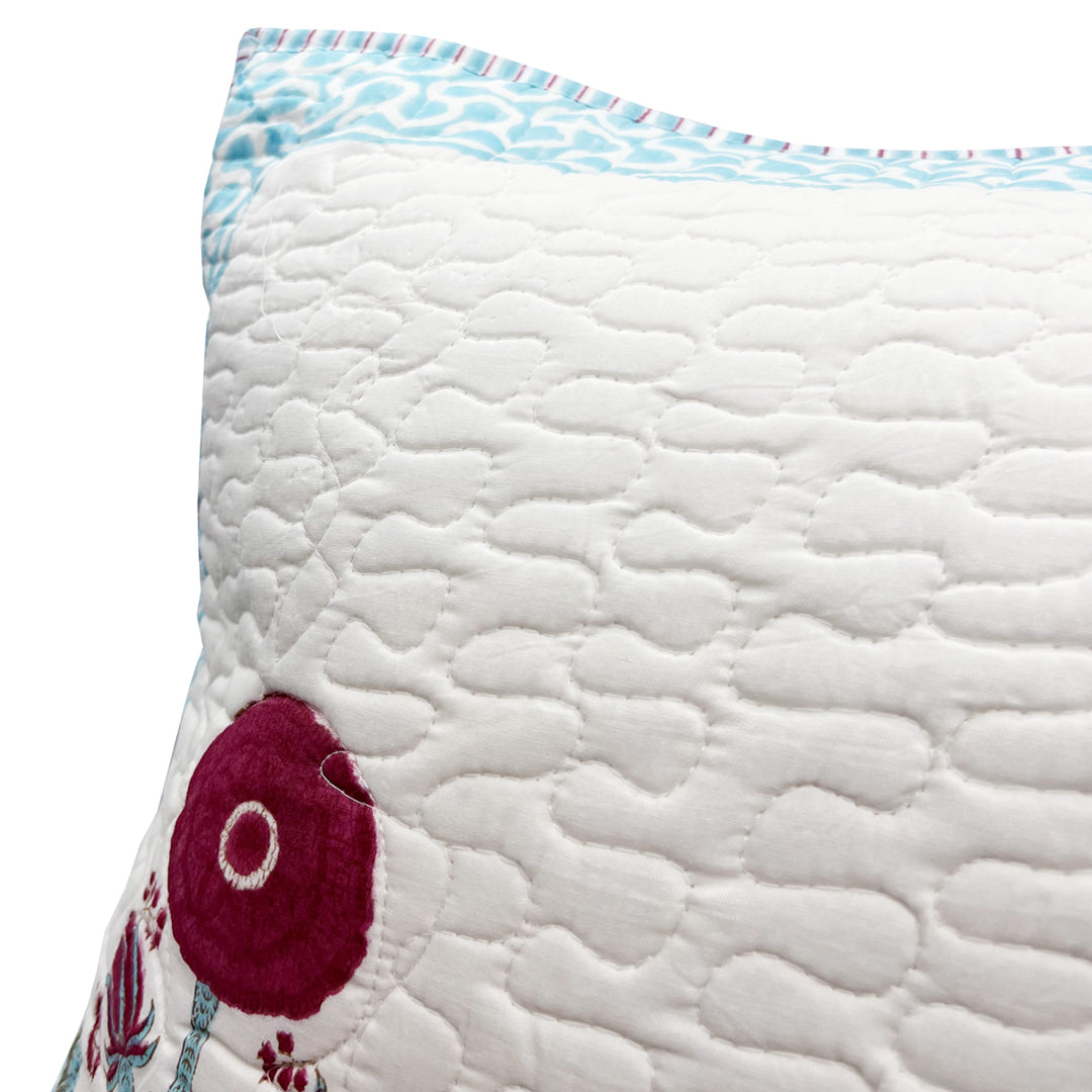Quilted fabric with floral embroidery on a white background