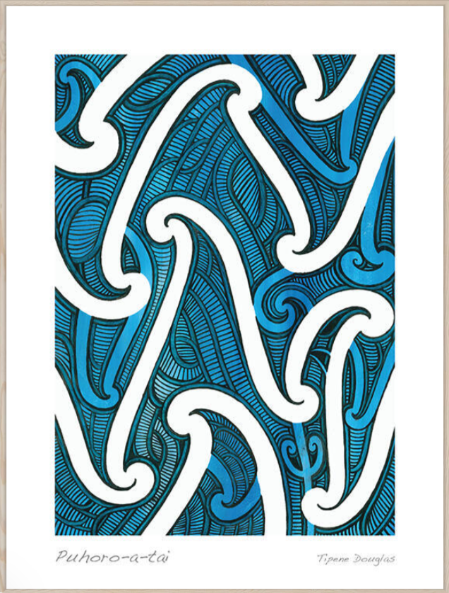 Blue and white abstract maori pattern on a white background