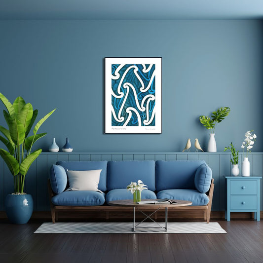 Modern living room with blue walls, maori artwork, a blue sofa, and decorative items.