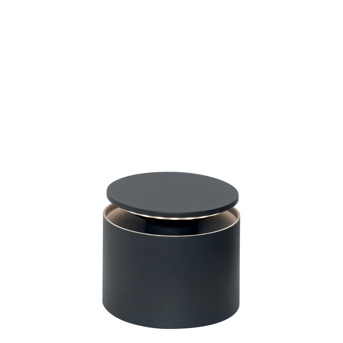 Black cylindrical container with a lid on a white background
