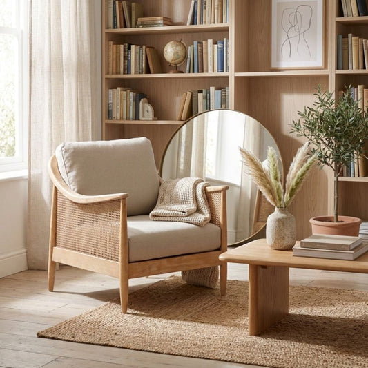 Nautical-themed room with wooden chair, bookshelf, and decorative elements.