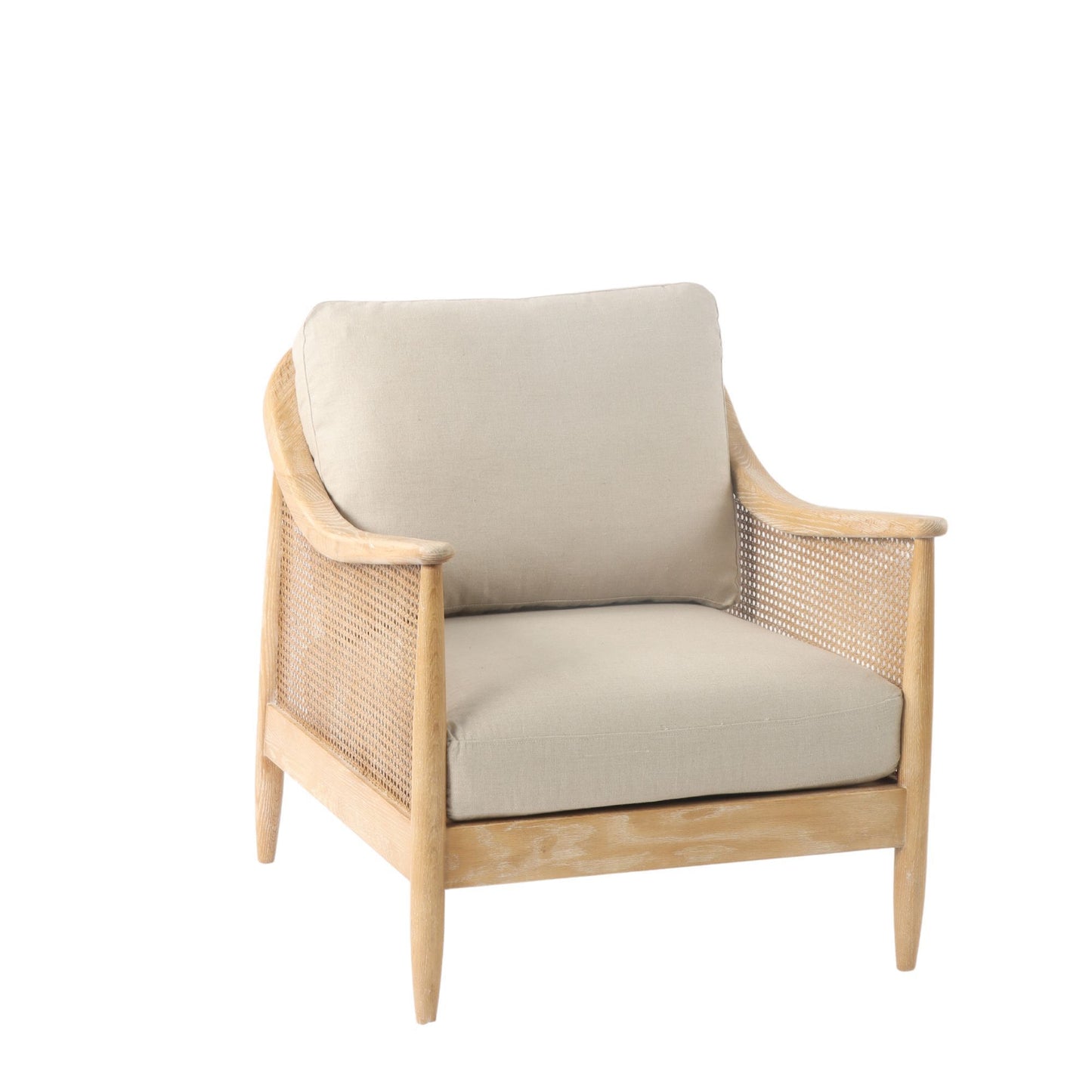 Beige armchair with woven backrest on a white background