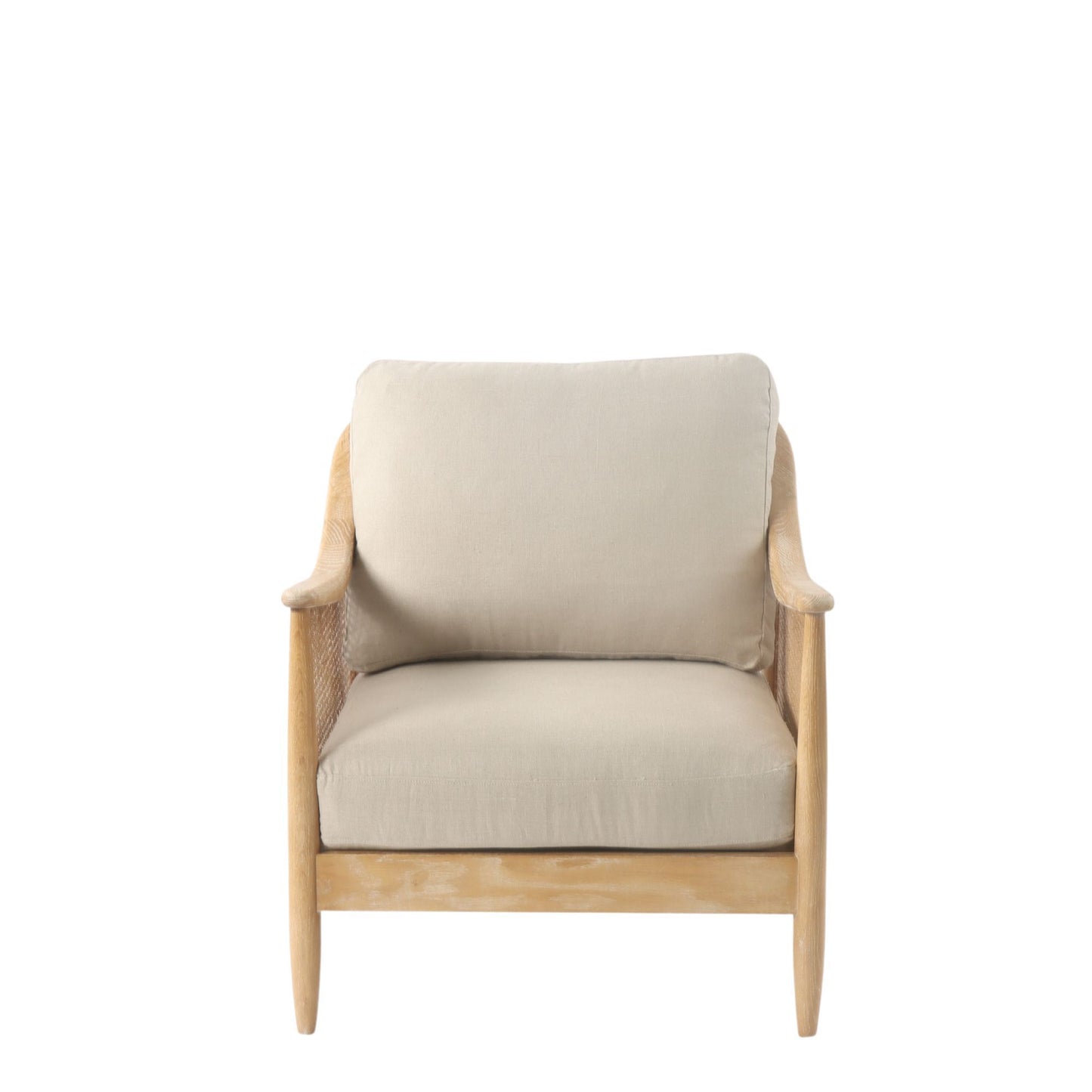 Beige armchair with wooden frame on a white background