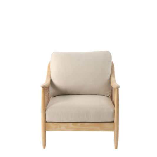 Beige armchair with wooden frame on a white background