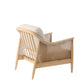 Wooden armchair with woven backrest and beige cushion on a white background