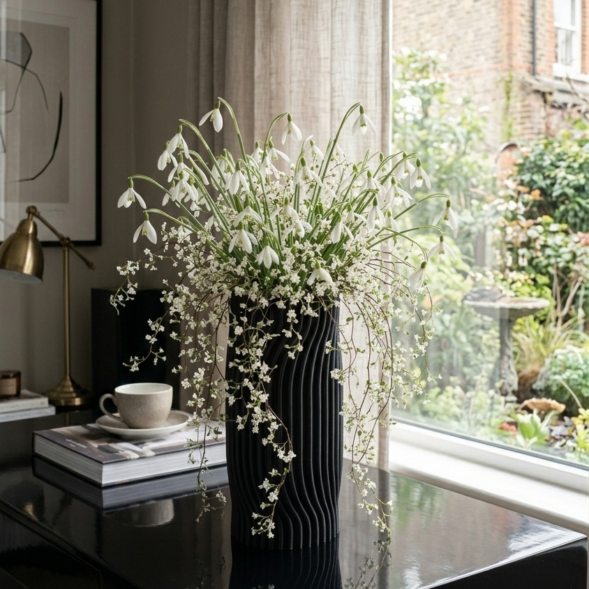 Decorative vase with white flowers on a black table by a window with garden view