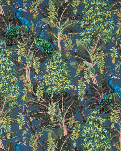 Pattern of peacocks and foliage on a dark blue background