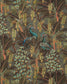 Patterned fabric with peacocks and foliage on a dark background