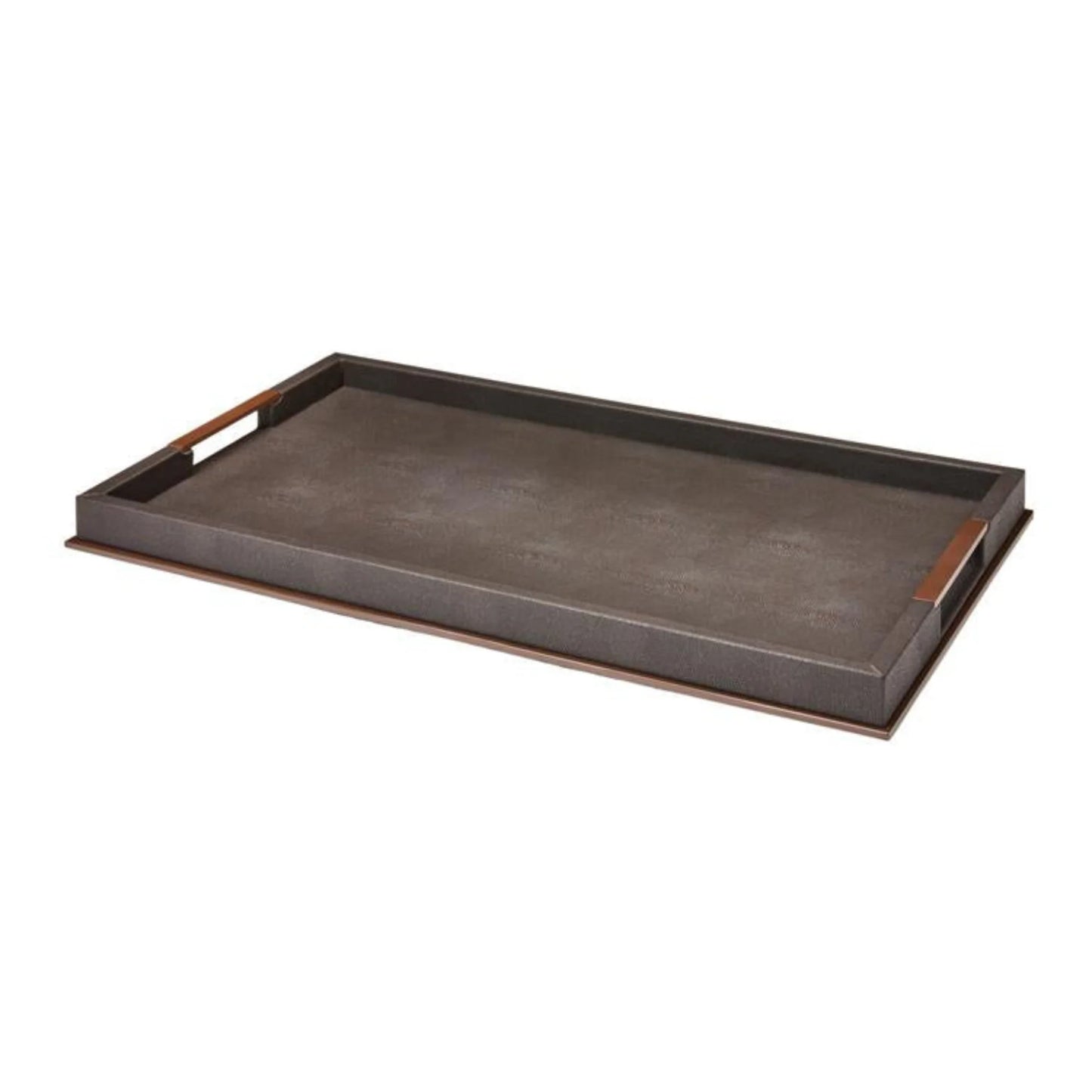 Rectangular metal tray with a dark finish on a white background