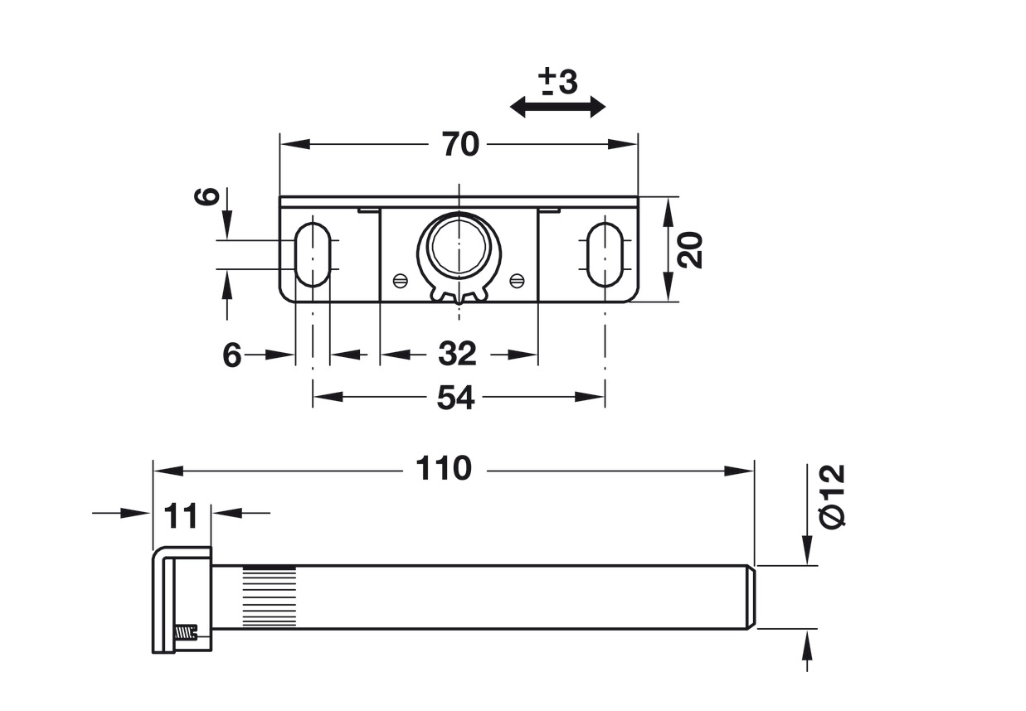 Technical drawing of a mechanical component with dimensions