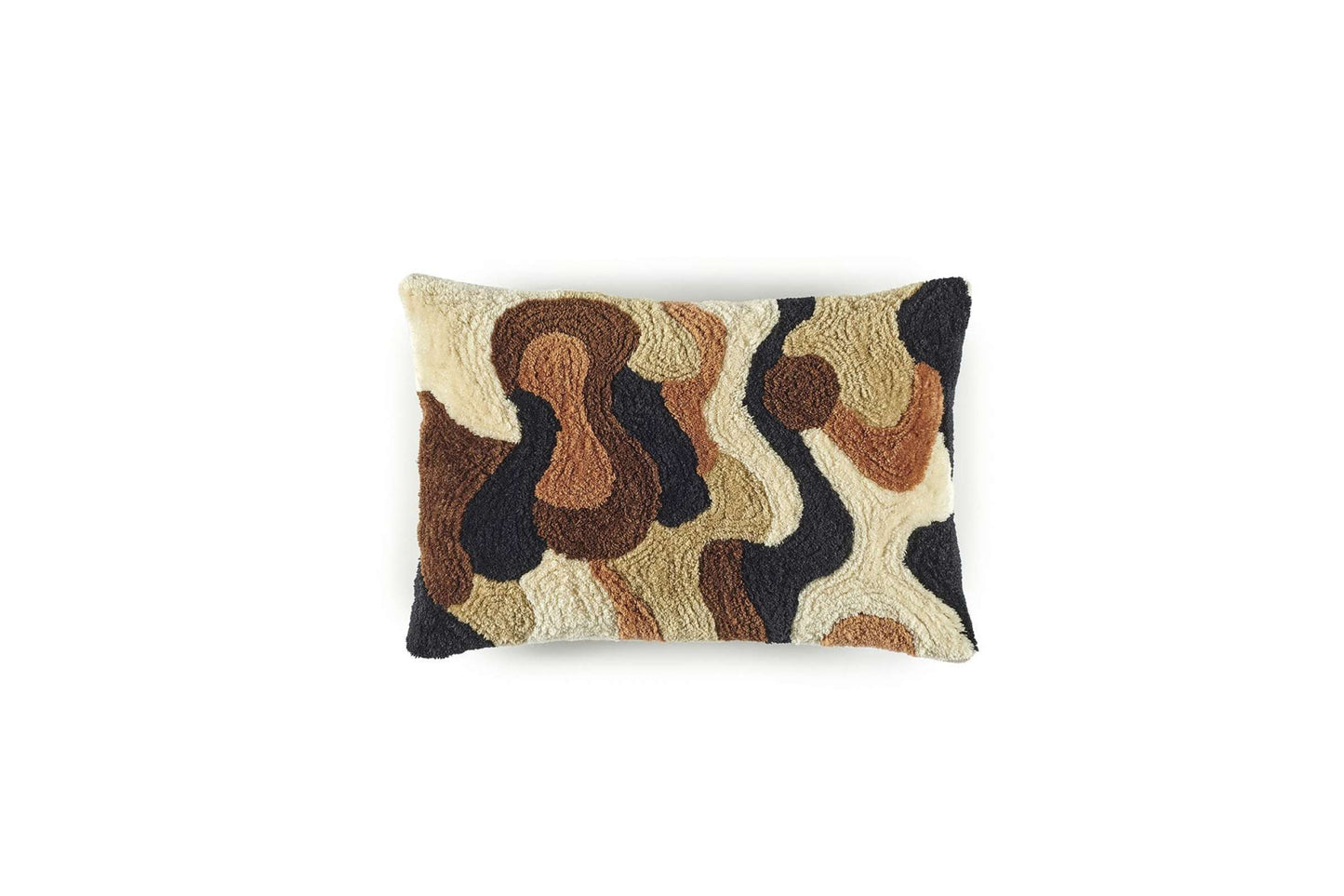 Decorative pillow with abstract brown and beige pattern on a white background