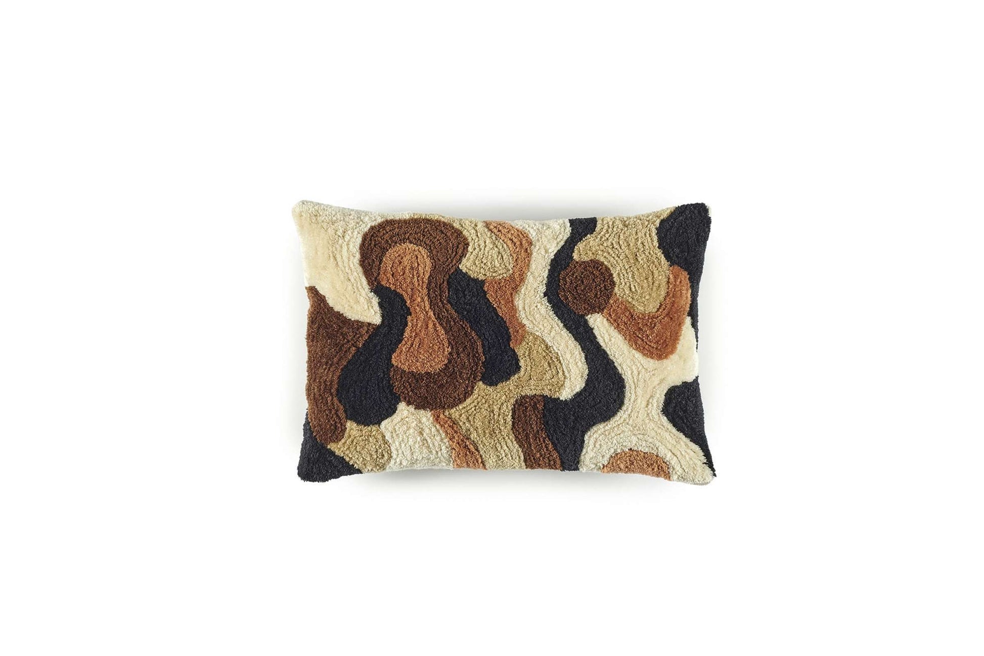 Decorative pillow with abstract brown and beige pattern on a white background