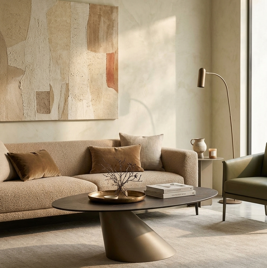 Modern living room with a beige sofa, coffee table, and abstract art on the wall.