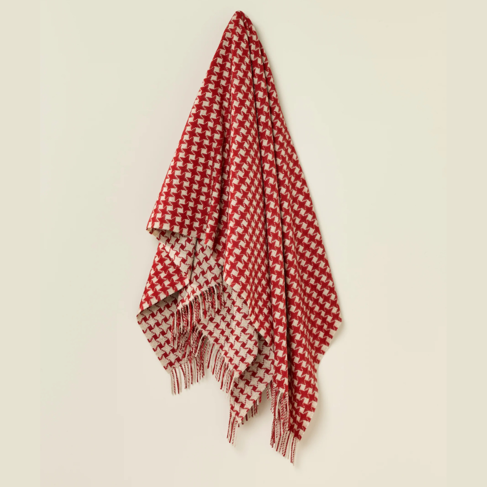 Red and white checkered blanket on a beige background