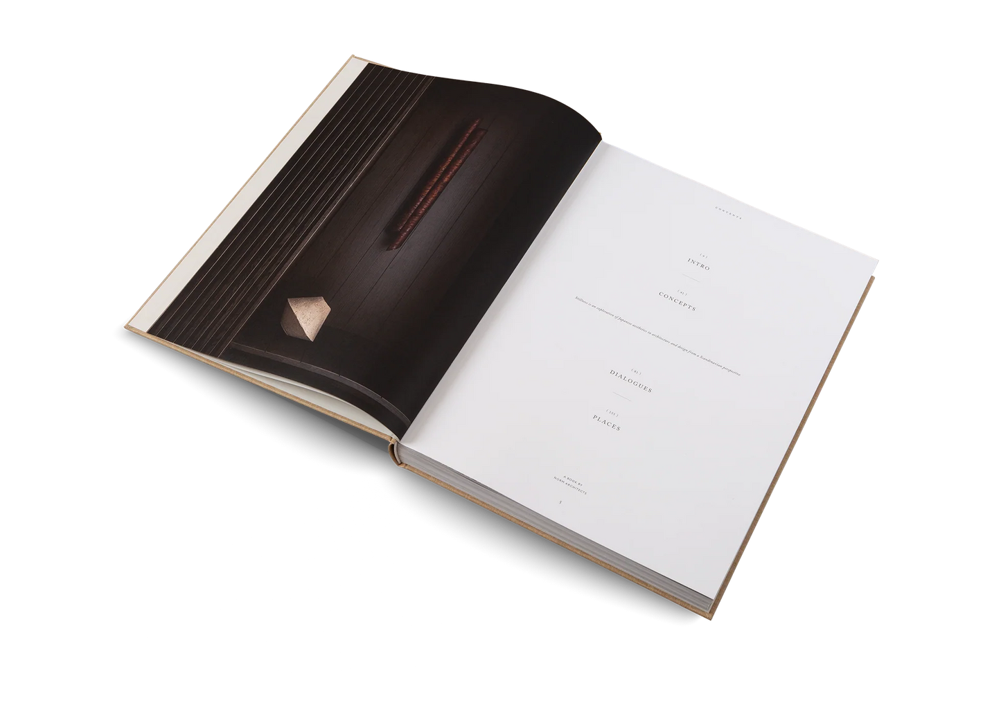 Open book with a dark brown cover and white pages on a white background