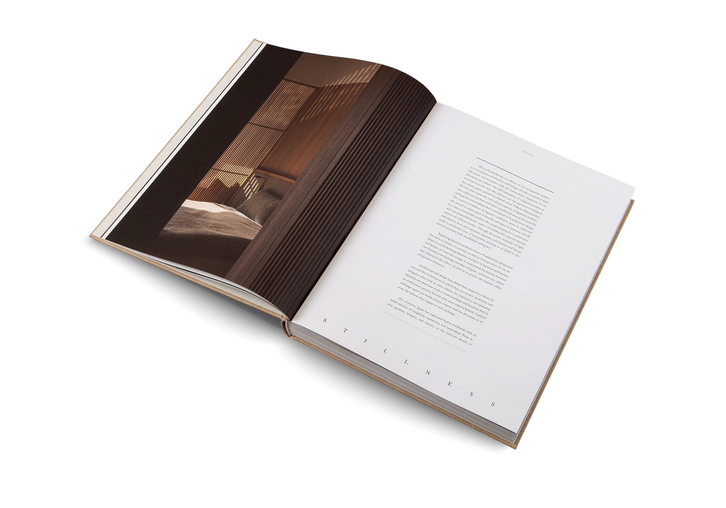 Open book with a wooden texture on one page and text on the other, on a white background